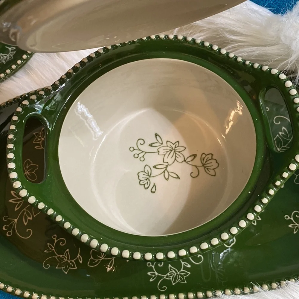 COPY - Temptations green floral lace soup and sandwich 2 tray’s 2 soup tureens …